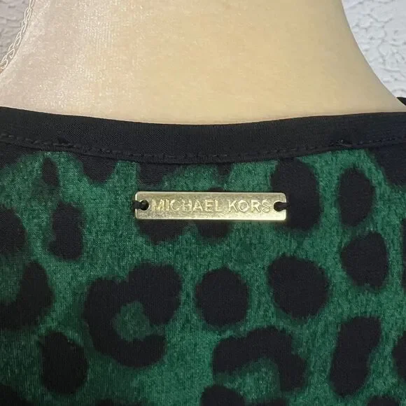 Michael Kors Women's Leopard Print Bell Sleeve Top Green Black Size XS Stretch - Picture 4 of 12